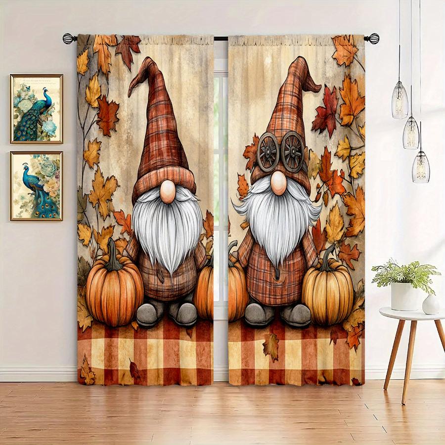 2PCS Digital Printed Curtain, Autumn Gnome with Pumpkin Plaid Pattern, Cute Fall Thanksgiving Style Window Drapes for Home