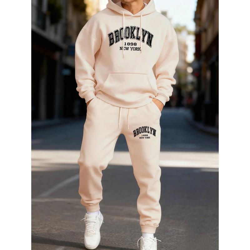 Mens Hooded Sweatshirt Tracksuit 2 Piece Set Letter Print Casual Warm Sportswear