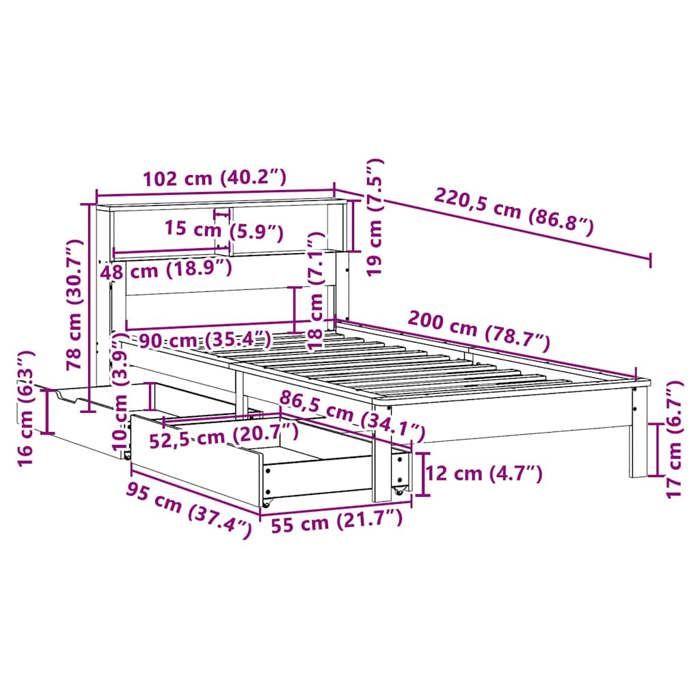 VidaXL Lit bibliothèque sans matelas blanc 90x200cm bois de pin massif, meuble de chambre à coucher, sommier, lit en bois, 3309819
