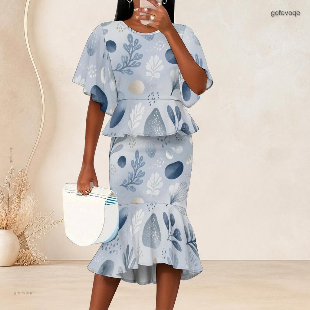 Women Plus Size Printed Round Neck Batwing Sleeve Ruffle Hem Top Fishtail Skirt Two Piece Set
