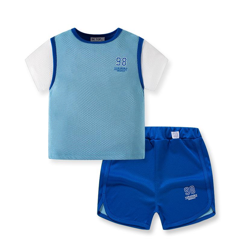 2026 Children's Casual Color Block Two-Piece Shorts & Short Sleeve Sports Set - Boys' Korean Style Fashion.