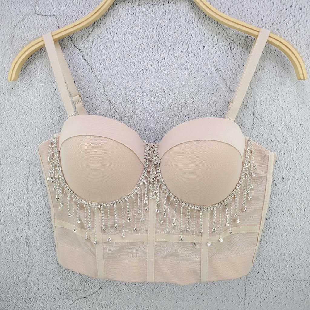 Beaded Diamond-embellished Mesh Fringe Mini Tank Top Cute and Sexy Slim-fitting Outerwear Strapless Top for Women Camis & Tank Tops