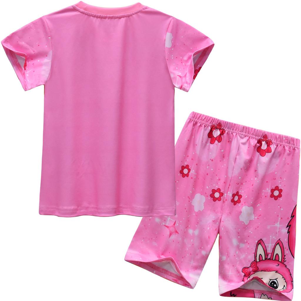 Kids Boys Girls Anime Cartoon Labubu Print Casual Short Sleeves T-shirt Shorts Clothes Set
