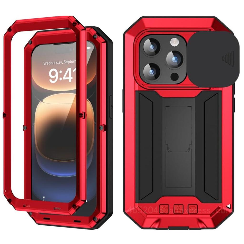 Military Heavy Duty Metal Case for IPhone 13 14 15 16 17 Pro Max Slide Camera Built-in Screen Protector Full Body Hybrid Cover