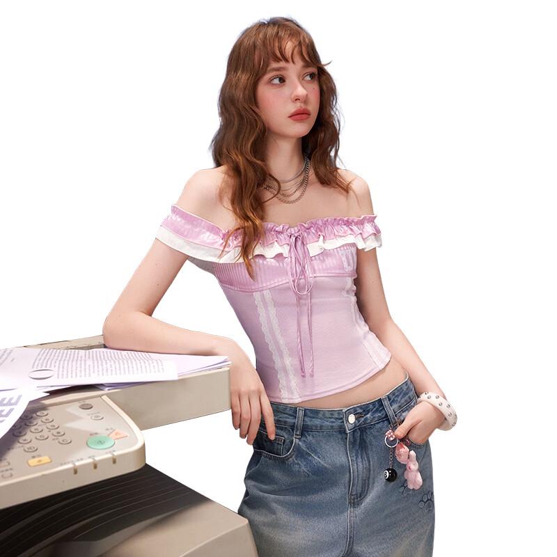

UNIFREE Sexy Off-Shoulder Color Block T-Shirt S