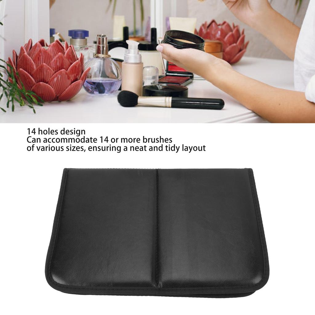 Folding Makeup Brush Organizer Bag PU Leather Stain Resistant 14 Holes Easy Access Travel Cosmetic Brush Case