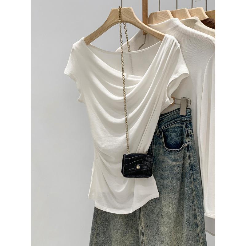Korean Style Lyocell Tencel Wool Asymmetrical Shoulder Short Sleeve T-Shirt Summer 2026 Temperament Top
