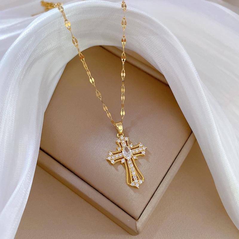 Cross Light Luxury Temperament Gorgeous Full Diamond Necklace Female Versatile Collarbone Chain Titanium Steel Chain