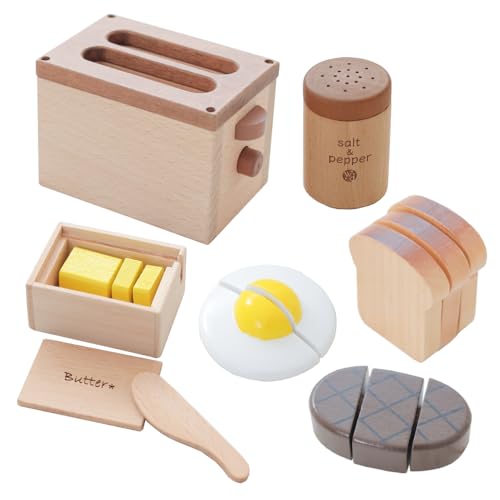 

Daiwa Wooden Toy Toaster Set (Brown), 6-Piece Set for Girls, Pretend Play Food Set, Wooden Toaster, Breakfast Set, Kitchen Set, Full Set, Ton Ton Set,