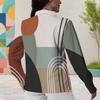 Women Plus Size Geometric Color Block Printed Collared Long Sleeve Cut Out Button Front Shirt