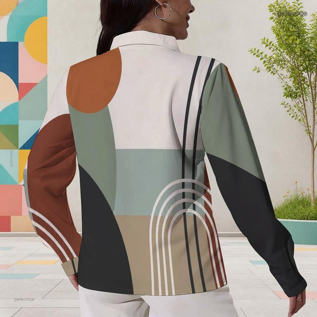Women Plus Size Geometric Color Block Printed Collared Long Sleeve Cut Out Button Front Shirt