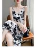 Women's Summer V-Neck Floral Acetate Satin Camisole Dress - Hip-Hugging Over-the-Knee Design