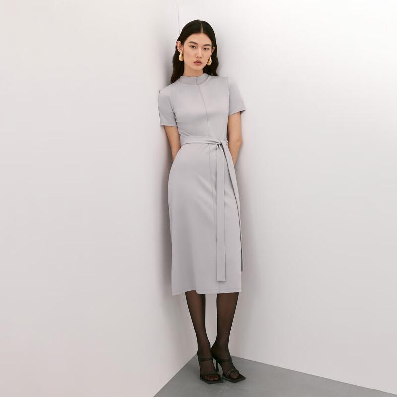 VEROMODA 2025 Solid Color Round Neck Waist Tie Short Sleeve Dress