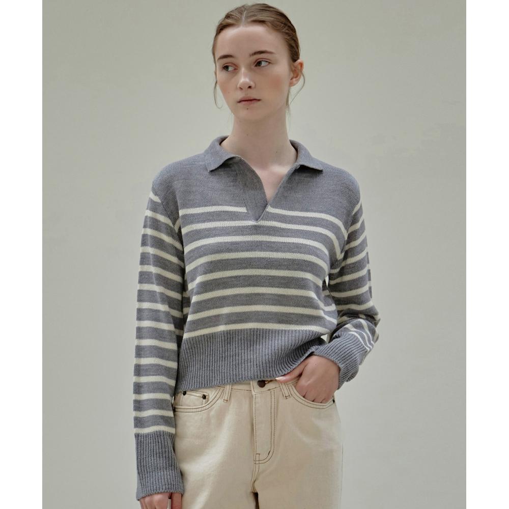 

NICKNICOLE OPEN COLLAR STRIPE SWEATERGRAY