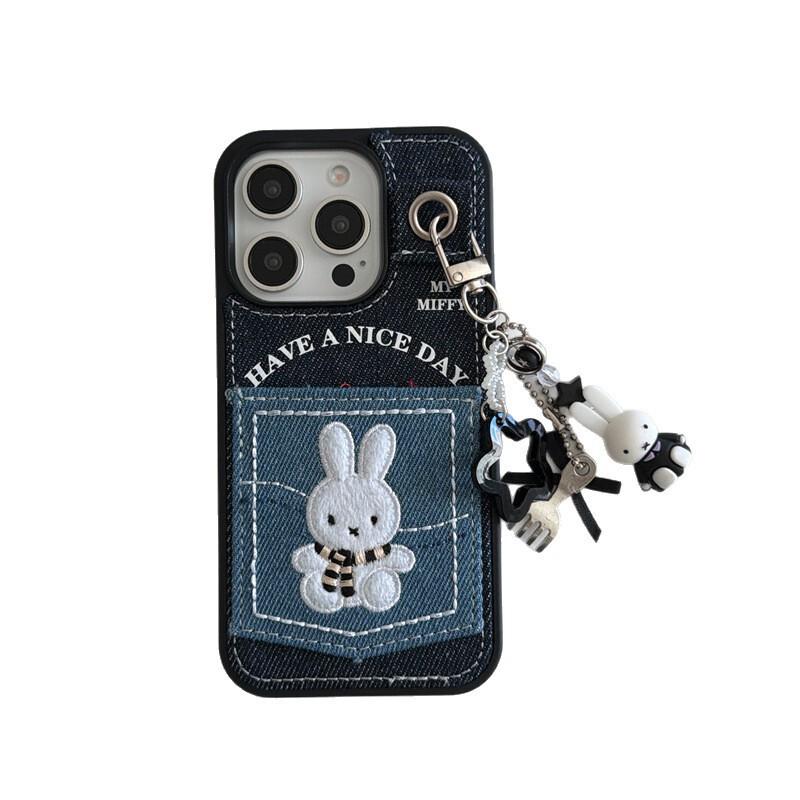 Denim Pocket Card Holder Case With Embroidered Rabbit IPhone 14 Pro Max 15 16 Soft TPU Shockproof Cover
