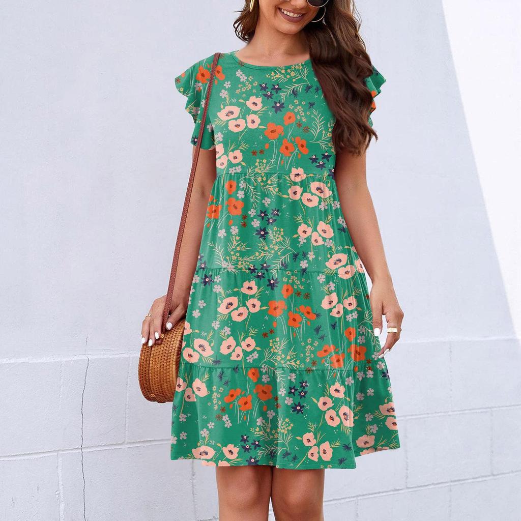 Summer Dress Women Dresses Party Dress Round Neck Short Sleeve Solid Color Print Splicing Women O-neck Red Casual Women's Dresses