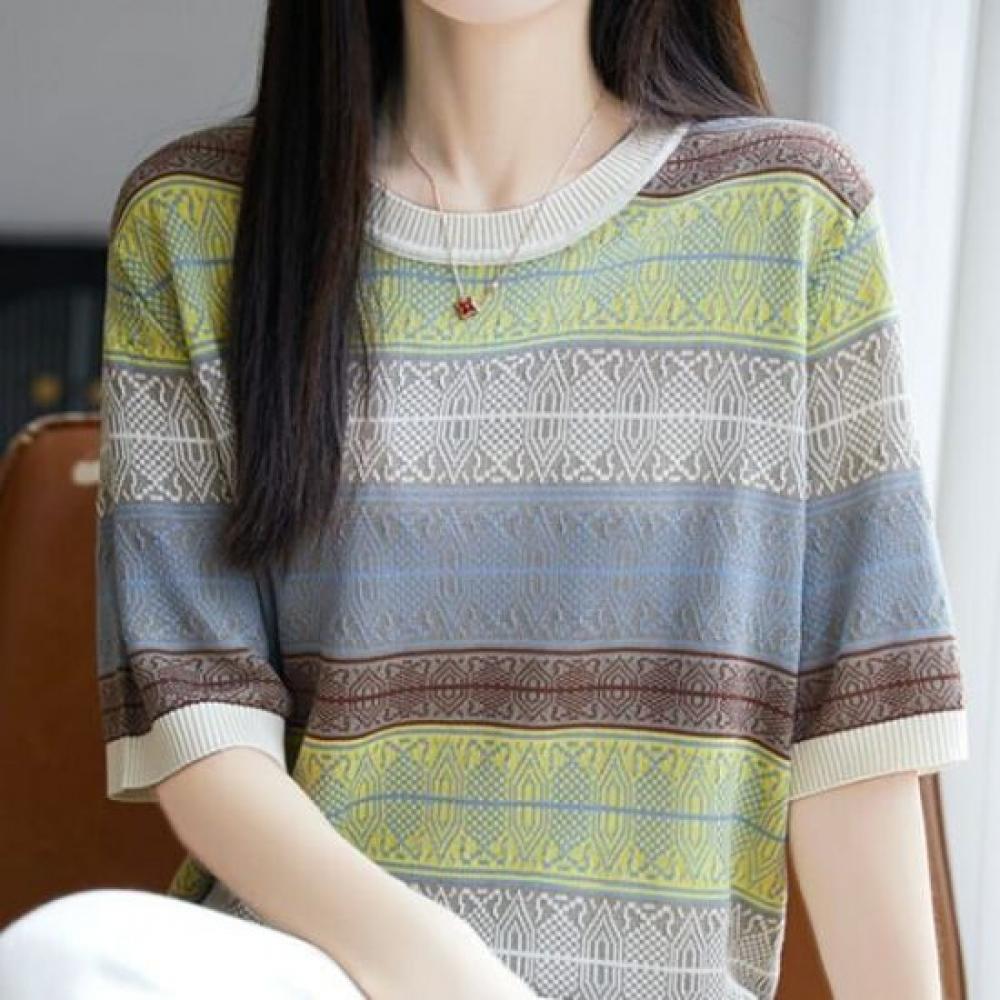 Navava Women Monoretro Pattern Short Sleeve Knit Nk3056
