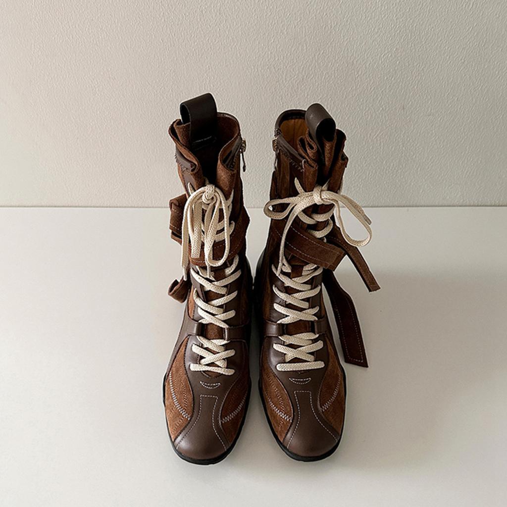 Cowhide Version~ Niche Design Round Head Leather Deep Mouth Casual Classic Western Boots Maillard Medium Boxing Boots