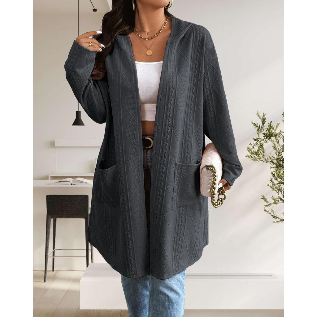 Dames Strandet Mønstret Hette Midilengde Trenchcoat Jakke Cardigan