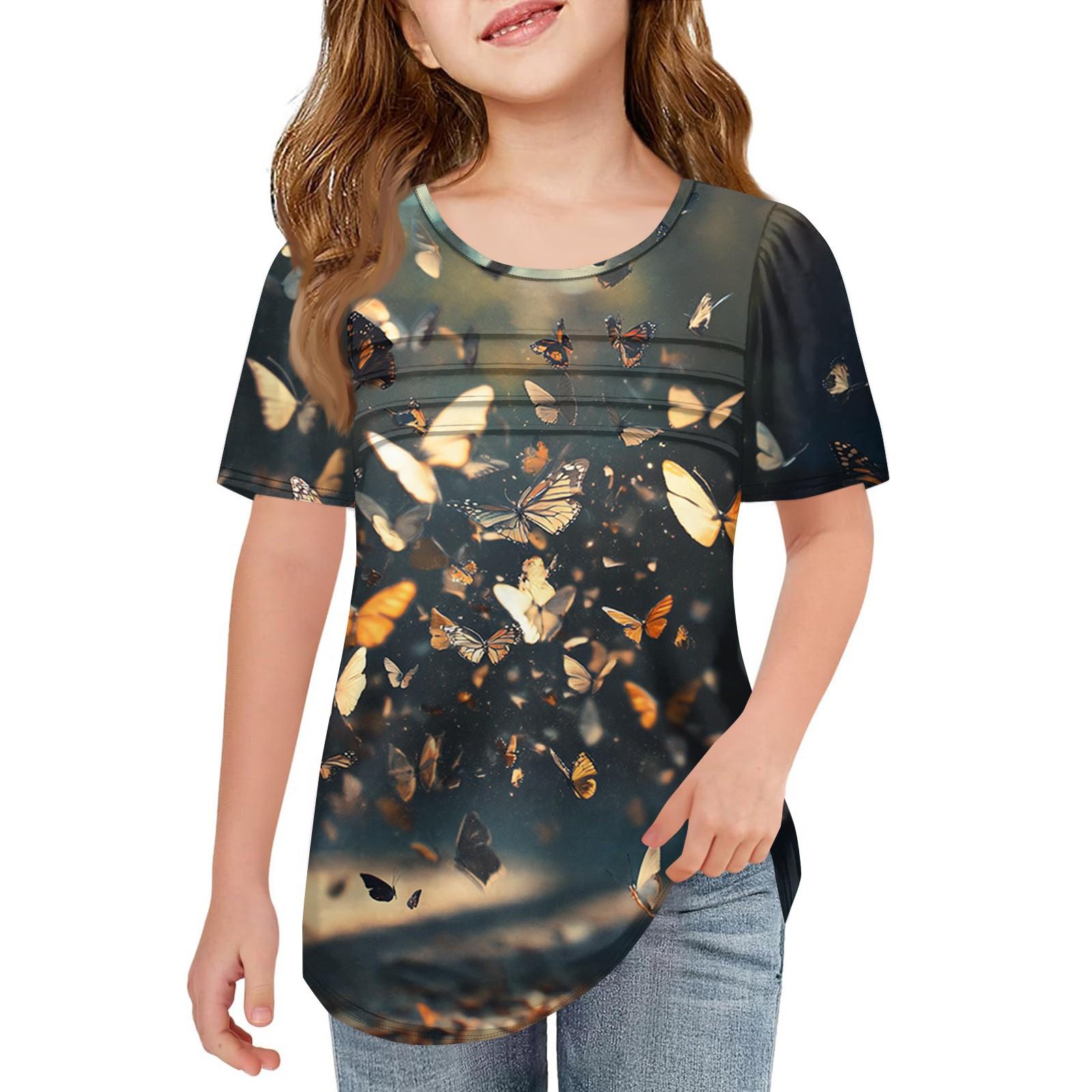 

Children Fold T-shirts Short-sleeved Summer Round Collar T-shirt Printing Flowers Leisure Coat 150 чорний