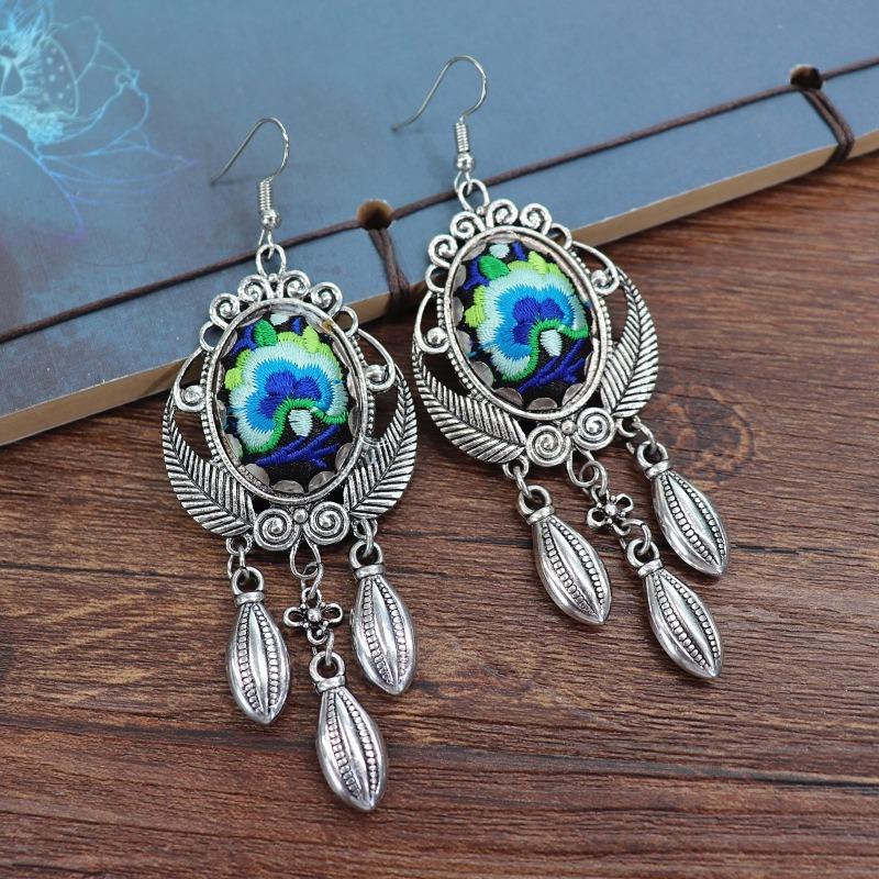 Vintage embroidery earrings hairpin classical temperament Miao peacock flower fringed earrings hair accessories set women