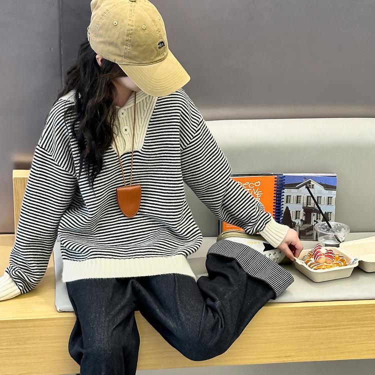 

Korean Fashion Girls V-Neck Striped Loose Sweater - 2025 Autumn 120 cm