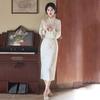 Beige Floral Lace Cheongsam Dress Women Vintage Inspired Long Sleeve Midi With Side Zipper Stand Collar