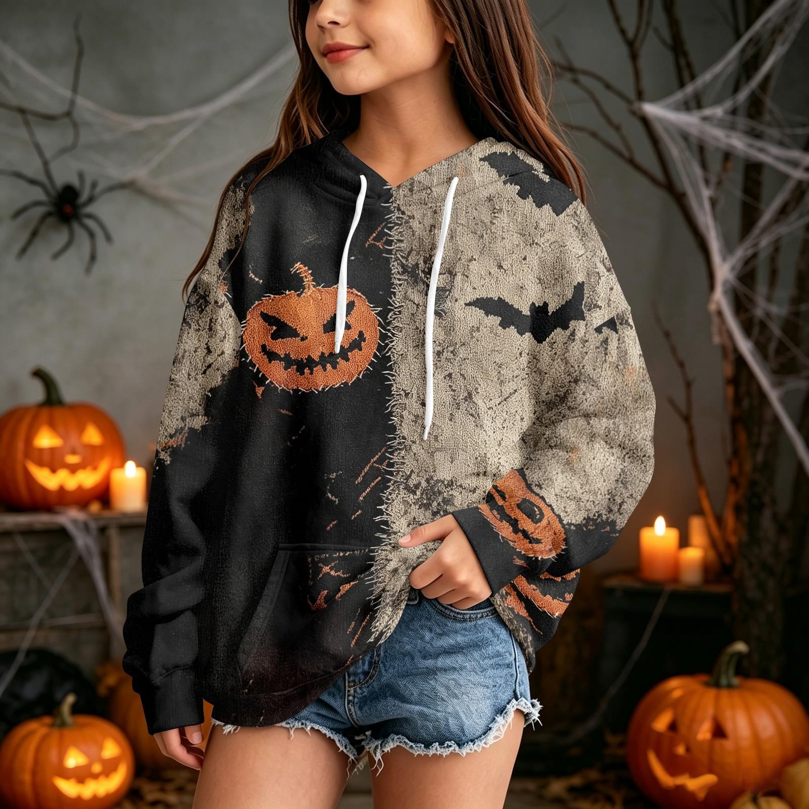 Kids Casual Hooded Sweatshirt with Halloween Print Pullover for Daily Wear 160