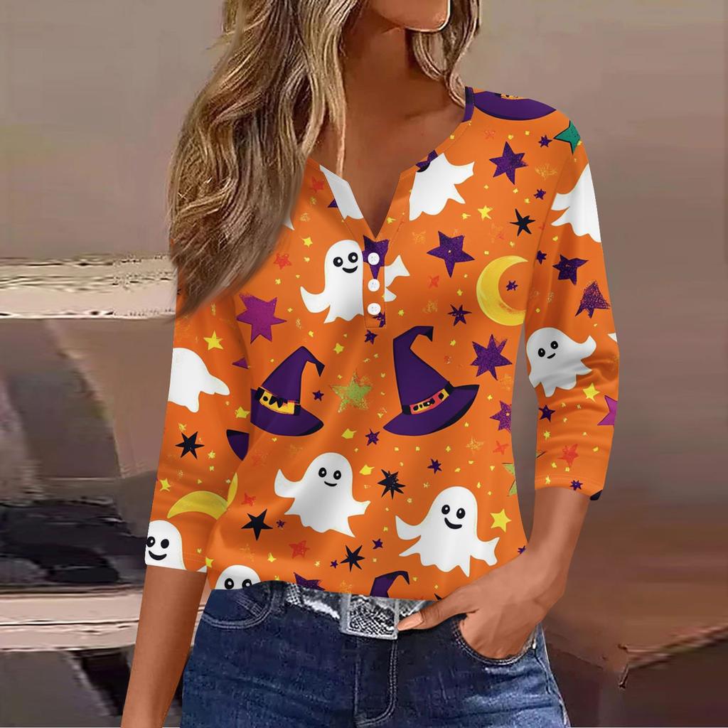 Damen Lässige Mode V-Ausschnitt Locker Vielseitig Halloween-Print Dreiviertelarm Oberteil