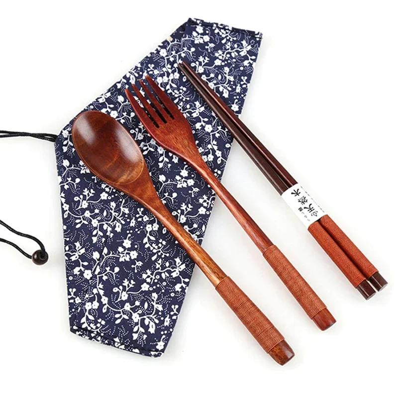 3Pcs Dinnerware Set Wooden Spoon Fork Chopsticks Set Dining Spoon and Fork Sushi Sticks Portable Wood Cutlery Japanese Tableware