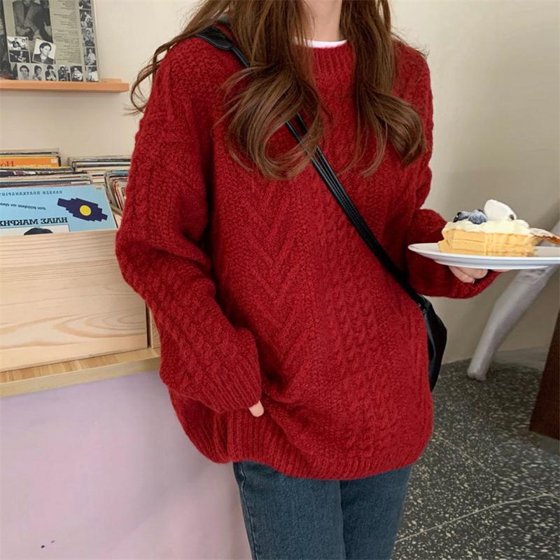 Crew neck retro twist solid color pullover sweater women's autumn and winter new wool bottoming knitted sweater