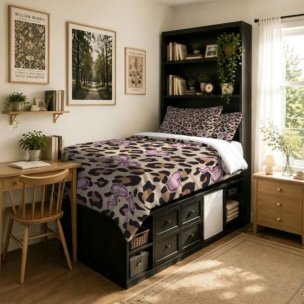3PCS Leopard Print Pink Heart Bow Milk Velvet Bedding Set Soft Warm Winter Unfilled 1 Duvet Cover 2 Pillowcases Cozy Home Dec
