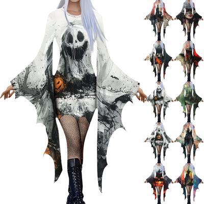 Dámská móda Gothic Punk Bat-Sleeve 3D Roztomilý halloweenský potisk nepravidelných společenských šatů