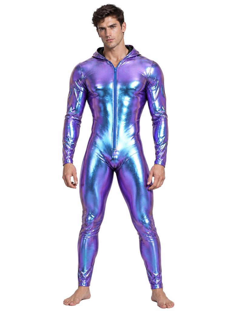 Men Metallic Shiny Hooded Jumpsuit Long Sleeve Front Zip-up Leggings Tights Catsuit Bodysuit for Rave Party Clubwear Night Out