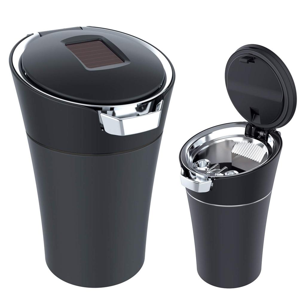 SEIWA Solar Ash Car Ashtray, One-Push Drink Holder Type, WA67, Solar Charging, LED Light, Odor Prevention, Self-Extinguishing