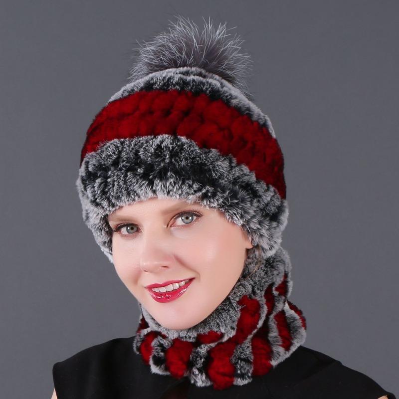 New hat scarf winter thickened thermal hat Rex rabbit fur grass Rex rabbit fur scarf two-piece set