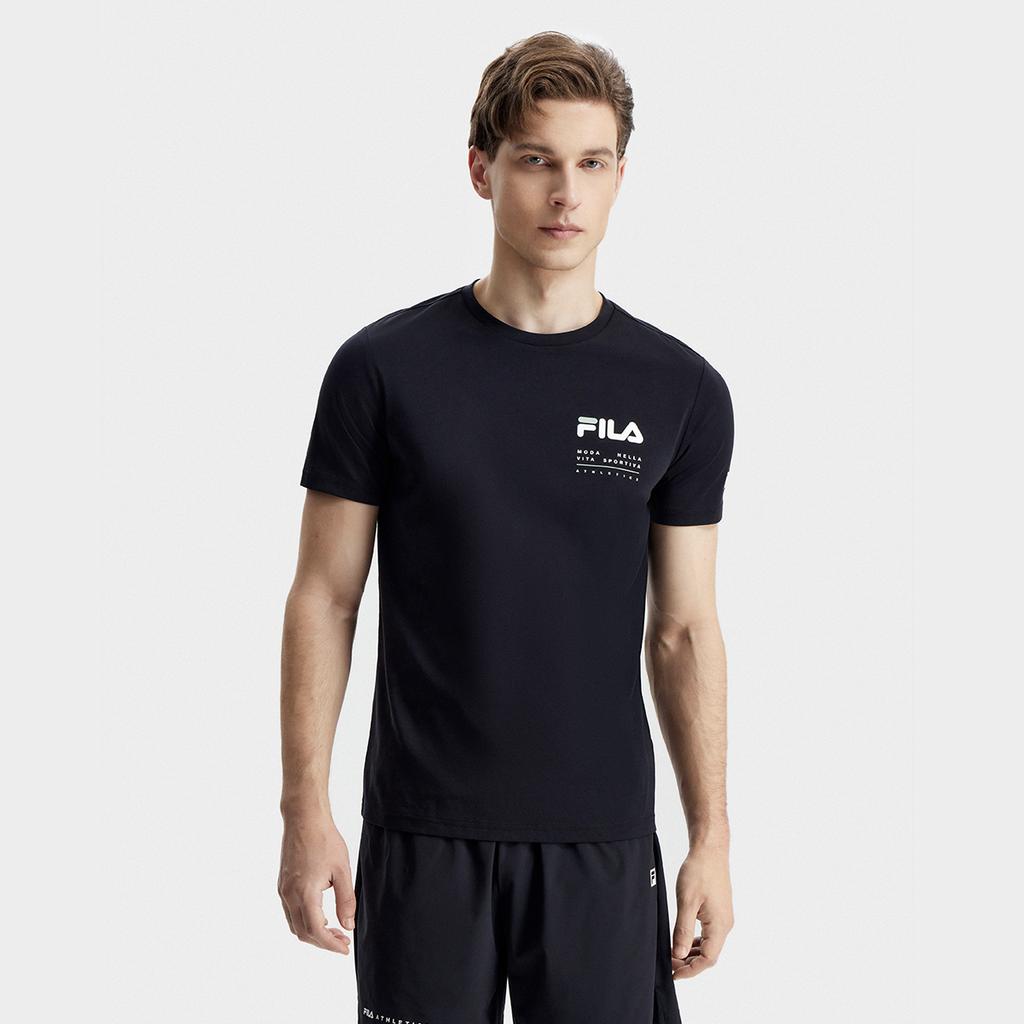 Fila Solid Color Letter Print American Vintage Crew Neck Short Sleeve T-Shirt Men Tops Black A11M321108FBK