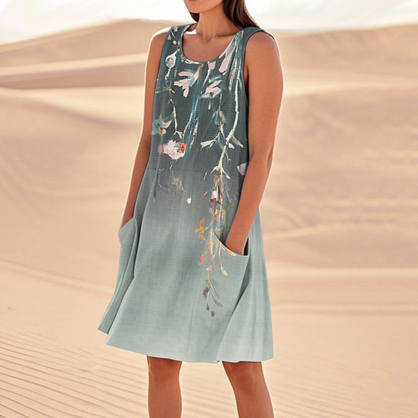 

Платья с принтом для женщин, свободные, пляжные, повседневные, без рукавов, сарафаны с карманами, платье-майка L