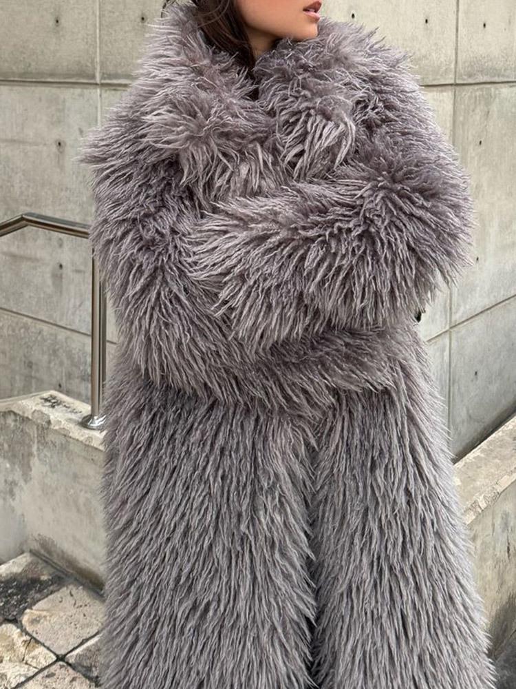 2024 European & American Gray Lapel Long Plush Coat - New Warm, Thick, Furry Outerwear for Autumn & Winter