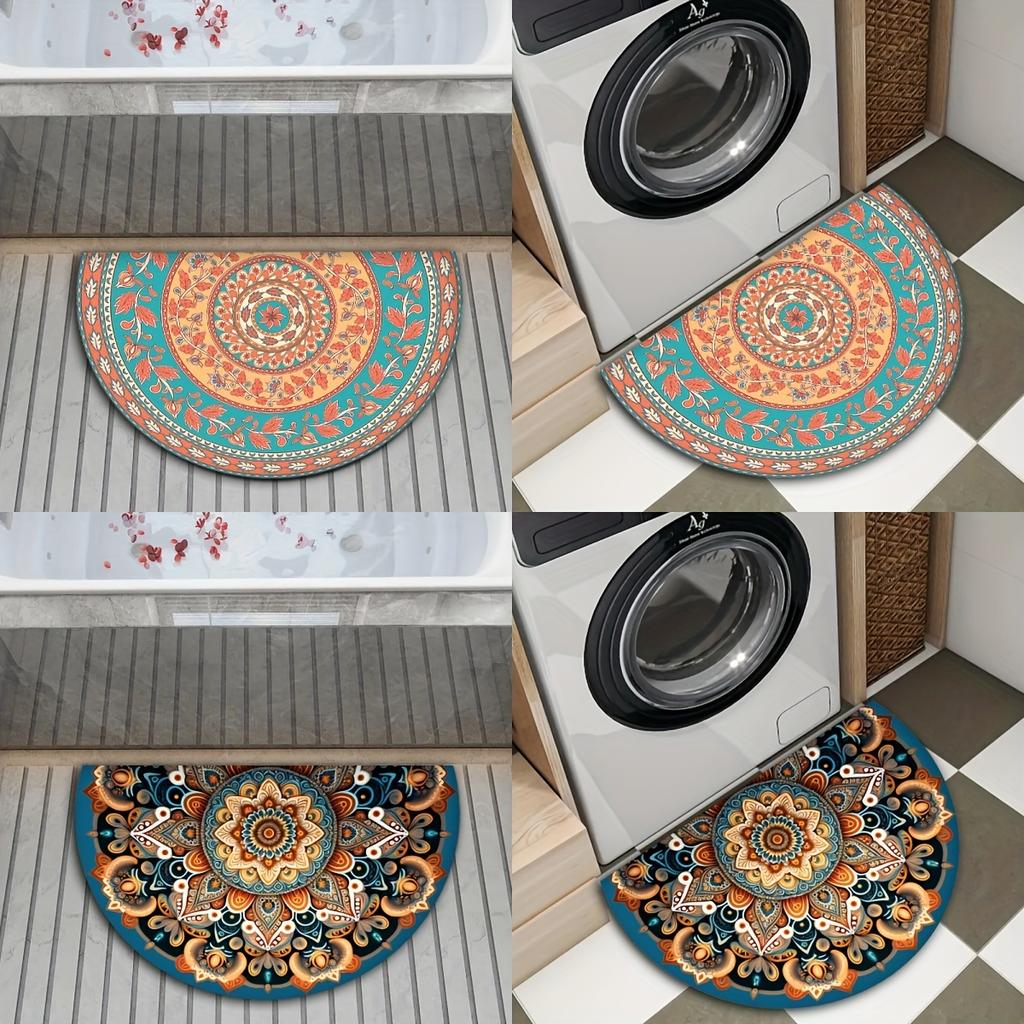 Tappetino Semirotondo Mandala Boemo Antiscivolo Lavabile Tappeto Piatto 2D Semisferico per Decorazione Soggiorno Cucina Bagno