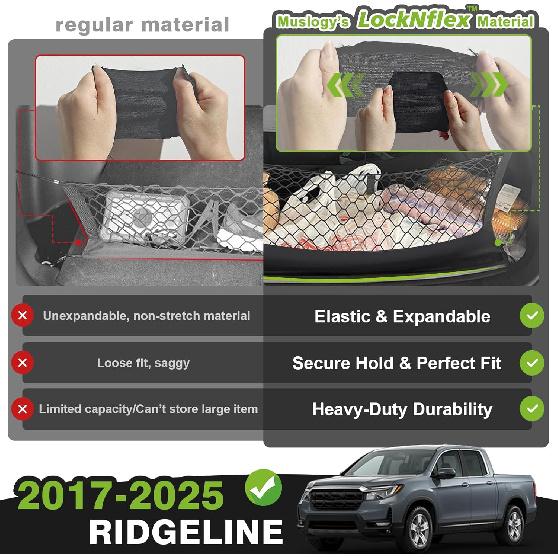 Muslogy Truck Bed Cargo Net Compatible With Honda Ridgeline 2017-2024 2025 Accessories Storage Organizer Pickup Truck Bed Envelope Style Cargo Net
