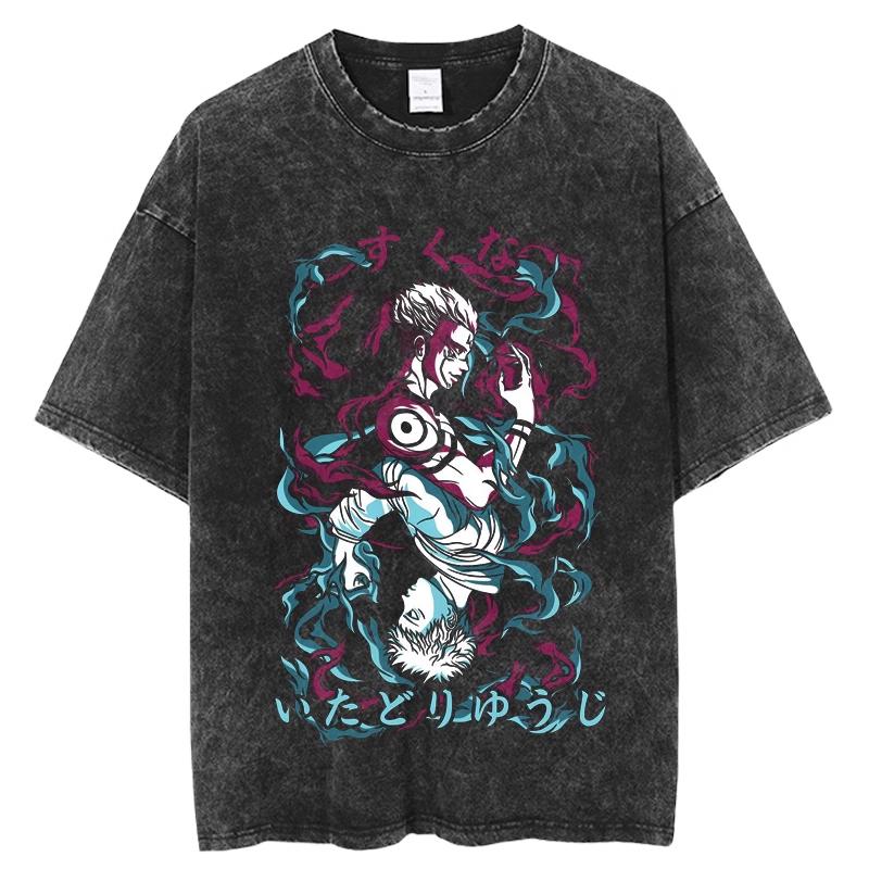 Jujutsu Kaisen Gojo Satoru Manga Panel Japanese Text Vintage Washed T Shirt Summer Graphic Tee for Men Women