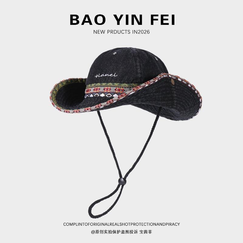 Japanese Embroidered Large Brim Bucket Hat Spring and Summer Outdoor Hiking Climb Sunshade Western Cowboy Cap for Women's