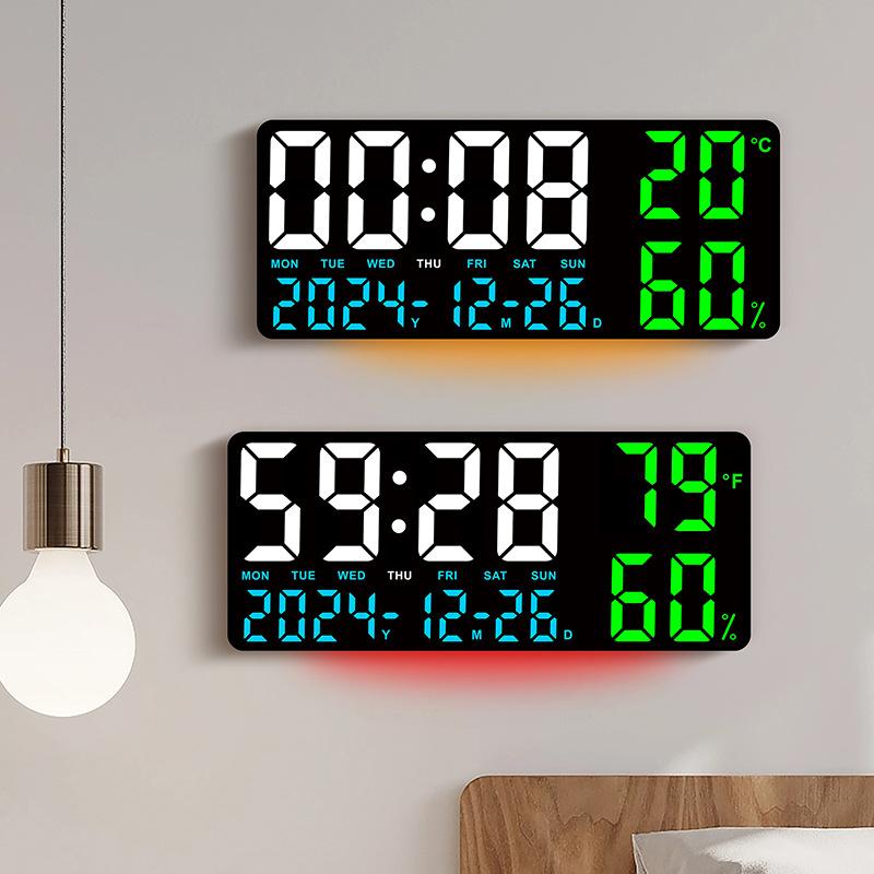 Large Digital Wall Clock with Atmosphere Lights Remote Control Temp Humidity Display LED Table Clock Multifunctional Alarm Clock