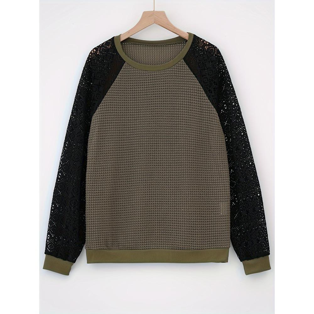Women Solid Color Lace Long Sleeve Hollow Out Crew Neck Casual T-shirt Blouse Tops