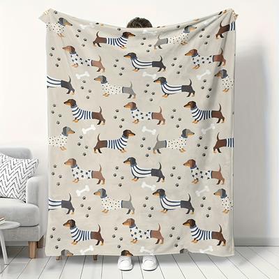 PetStyle Dachshund Flannel Blanket Colorful Striped Star Dog Patterns Paw Bone Elements Soft Cozy Throw Sofa Couch Decor