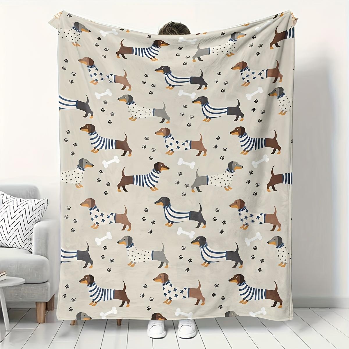 

PetStyle Dachshund Flannel Blanket Colorful Striped Star Dog Patterns Paw Bone Elements Soft Cozy Throw Sofa Couch Decor 30x40in