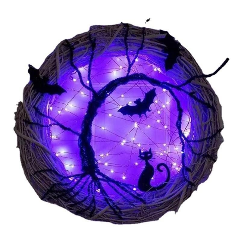 Versatile Halloween Wreaths For Front Door, 11.8Inch Lighted UP Bat And Cat Halloween Wreath With Purple LED Lights Durable
