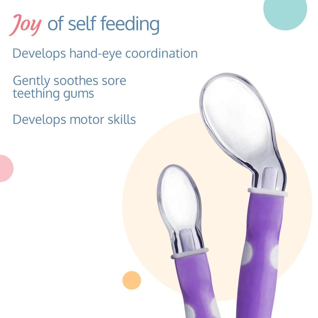 Luvlap Joy Star Baby Self Feeding Spoon Set Soft Silicone Tip BPA Free Toddler Utensils Pack of 2 Pcs Magenta White