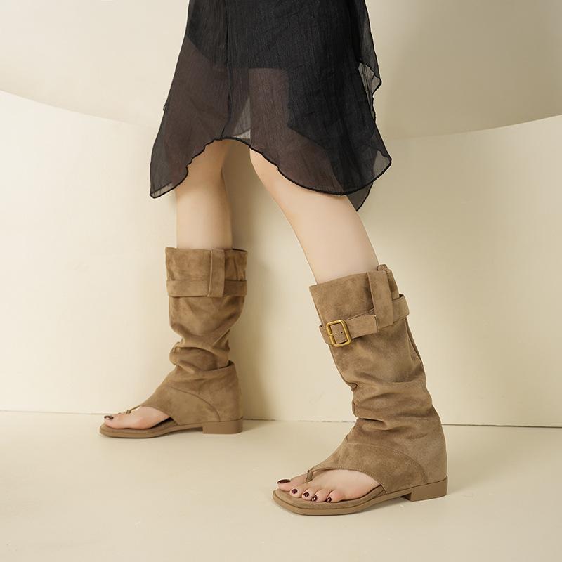 Two Wear Flip-Toe Suede Pleated Cool Boots 2024 New Western Cowboy Boots Spice Girls Pants Long Boots Sandals Women